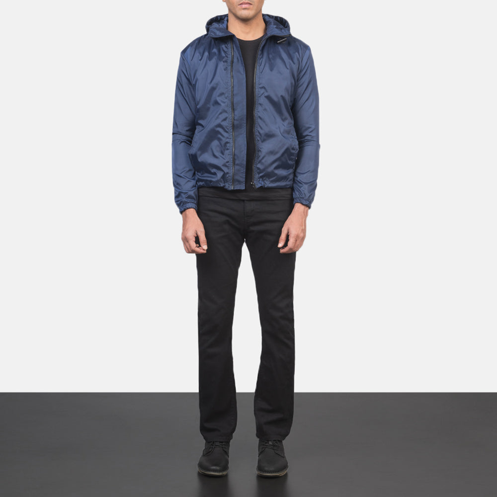 Jimmy Blue Hooded Windbreaker Jacket - 입체 소매 커팅과 슬림 테이퍼드 핏을 보여주는 측면 뷰
