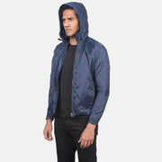
클로즈업 상세 of High Neck with Hood & Zipper with wind flap Hardware on Jimmy 블루 Hooded Windbreaker 가죽 자켓 남성용