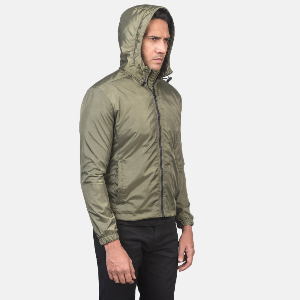 
Green Nylon Hooded Jacket - 어깨 라인과 깔끔한 밑단이 돋보이는 뒷면 뷰