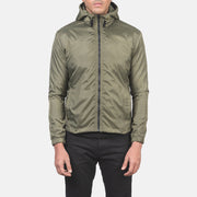 
클로즈업 상세 of High Neck with Hood & Zipper with wind flap Hardware on Jimmy 그린 Hooded Windbreaker 가죽 자켓 남성용