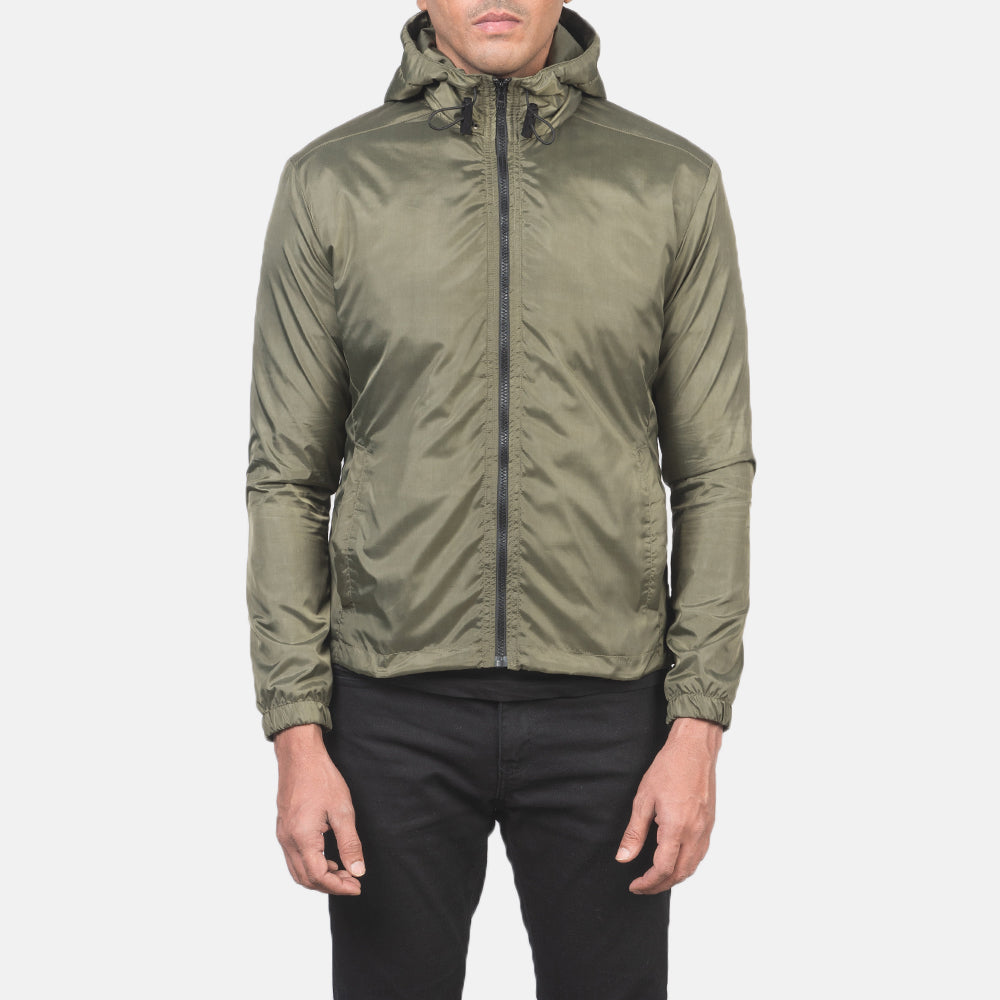 클로즈업 상세 of High Neck with Hood & Zipper with wind flap Hardware on Jimmy Green Hooded Windbreaker Jacket