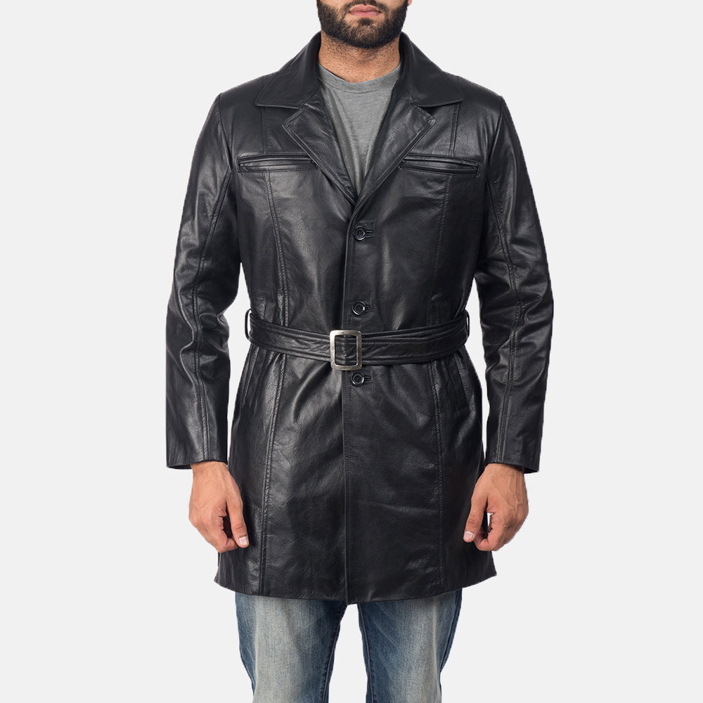 Men's Jordan 블랙 가죽 롱 코트 남성용 in Black Cowhide Leather - Front Profile View &amp; Tailored Silhouette | Buy Online