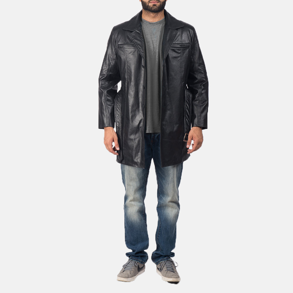 Men's Jordan 블랙 가죽 롱 코트 남성용 - Lateral Side Profile View Showing Sleeve Cut &amp; Athletic Taper Fit