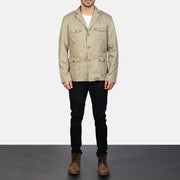 Kajetan Beige Safari 가죽 자켓 남성용 - Lateral Side Profile View Showing Sleeve Cut &amp; Athletic Taper Fit