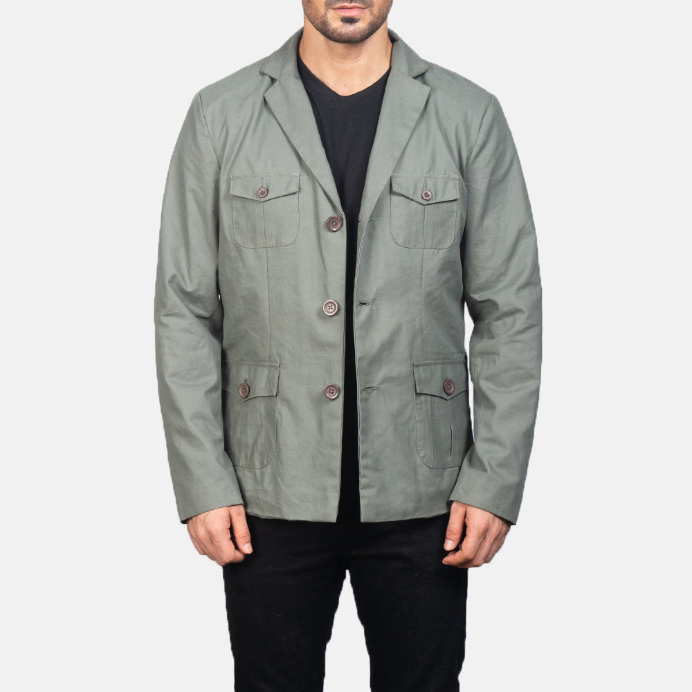 Kajetan Grey Safari 가죽 자켓 남성용 in Grey Poly-Cotton - Front Profile View &amp; Tailored Silhouette | Buy Online
