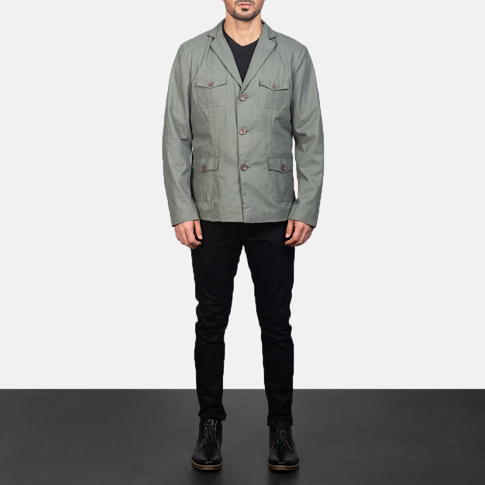 Kajetan Grey Safari 가죽 자켓 남성용 - Lateral Side Profile View Showing Sleeve Cut &amp; Athletic Taper Fit
