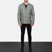 Kajetan Grey Safari 가죽 자켓 남성용 - Lateral Side Profile View Showing Sleeve Cut &amp; Athletic Taper Fit