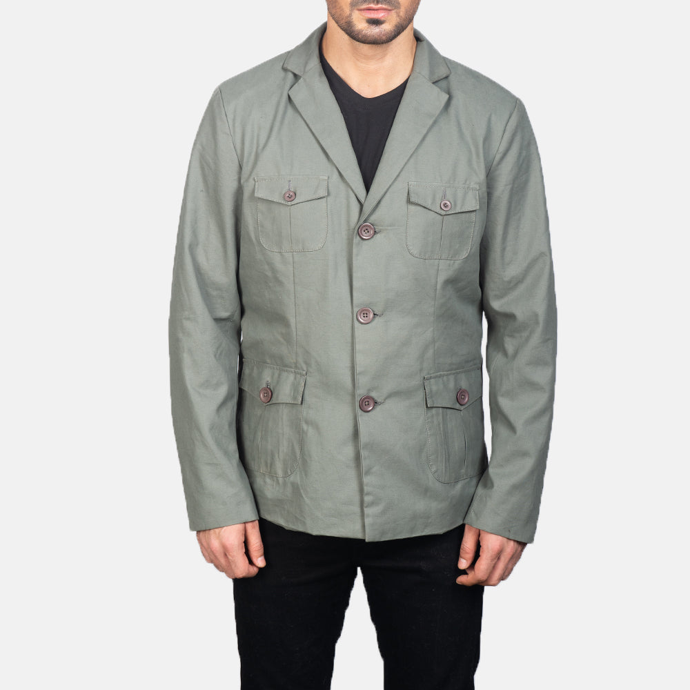 Close-Up Detail of Notch &amp; Button Hardware on Kajetan Grey Safari 가죽 자켓 남성용