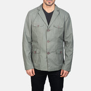 Close-Up Detail of Notch &amp; Button Hardware on Kajetan Grey Safari 가죽 자켓 남성용