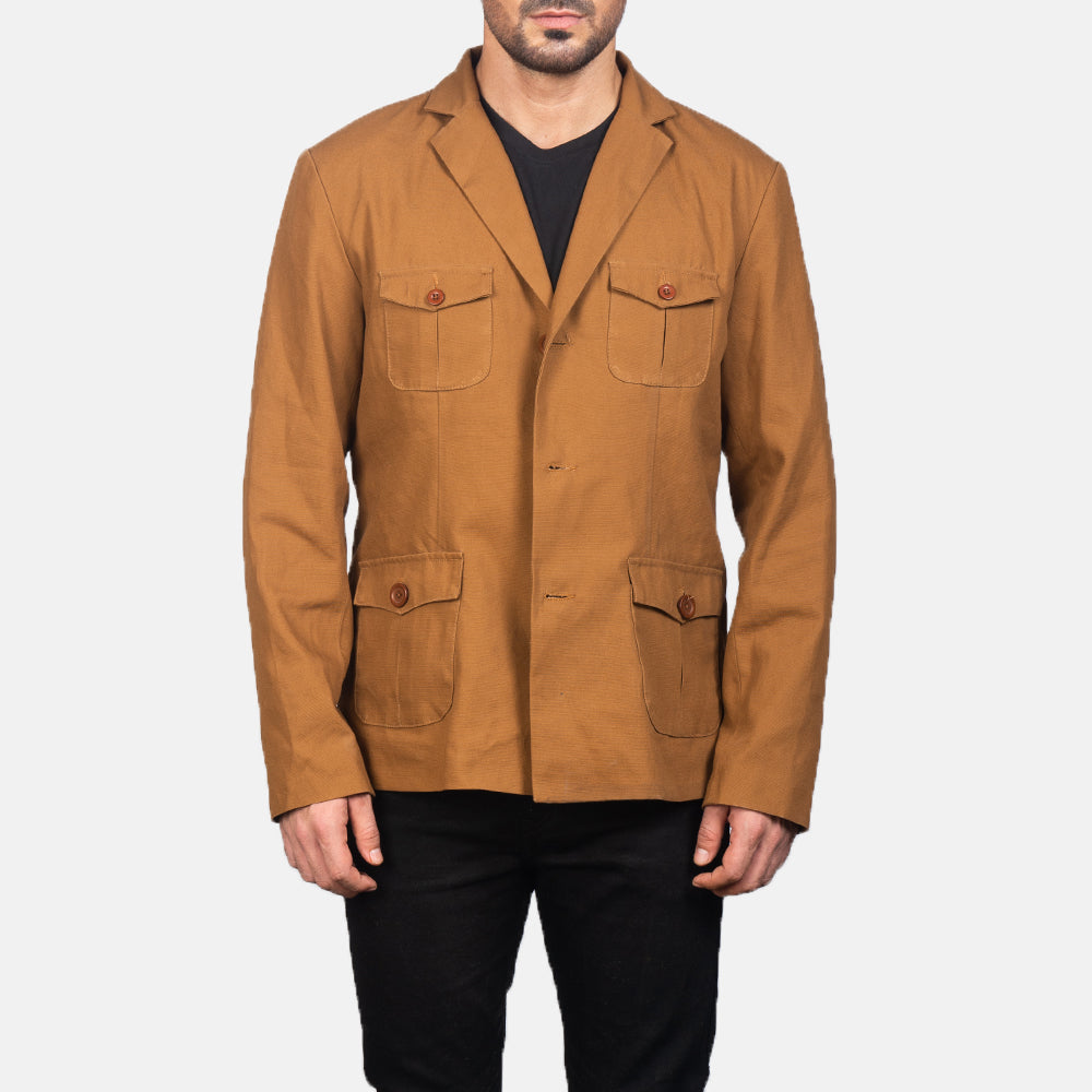 
Kajetan Khaki Safari 가죽 자켓 남성용 in Khaki Poly-Cotton - 정면 스타일 및 테일러드 실루엣 | 공식 온라인 스토어 구매