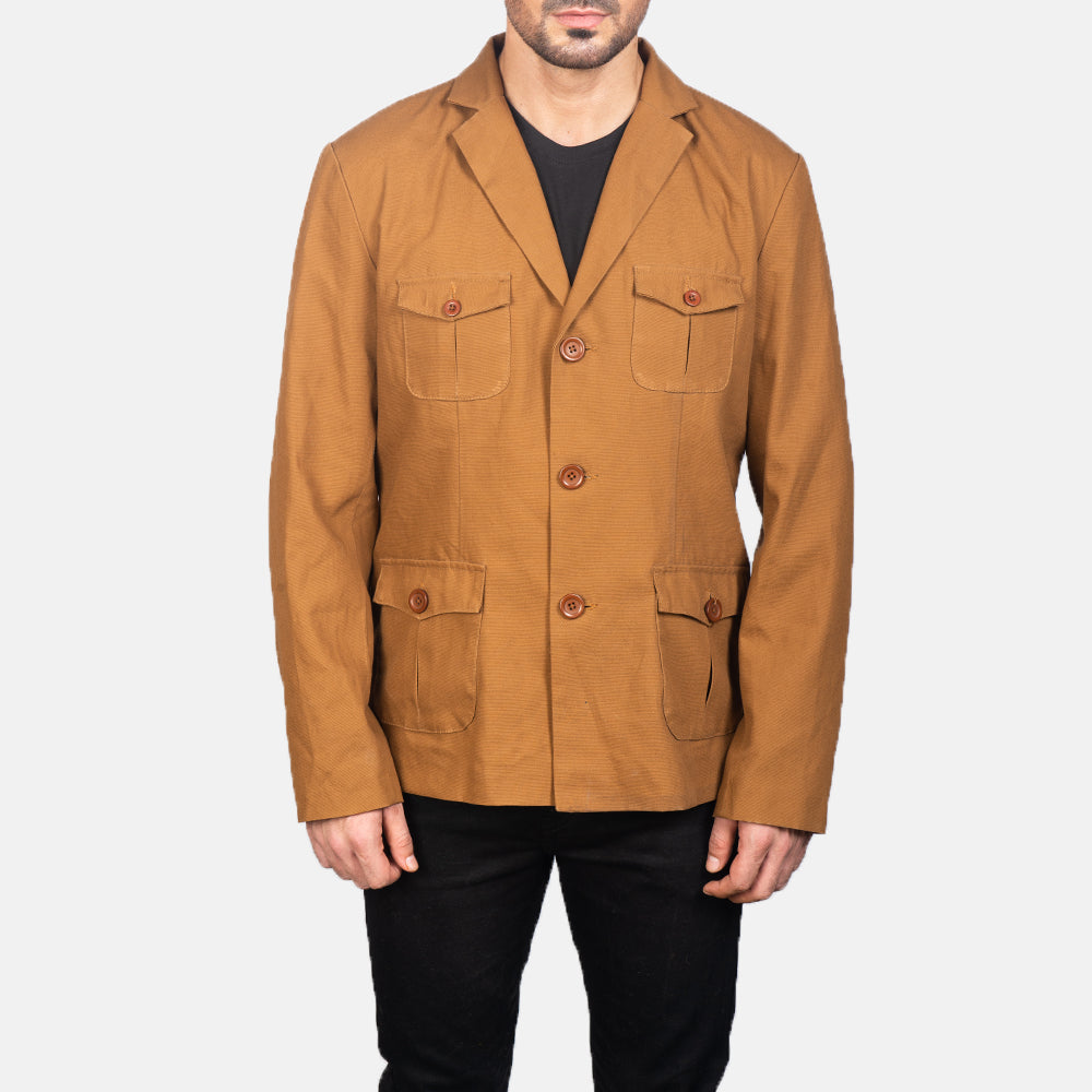 
클로즈업 상세 of Notch & Button Hardware on Kajetan Khaki Safari 가죽 자켓 남성용