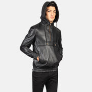 
클로즈업 상세 of Classic Collar & Heavy-Duty Zipper Hardware on Kenton Hooded Blue Suede Pullover Jacket