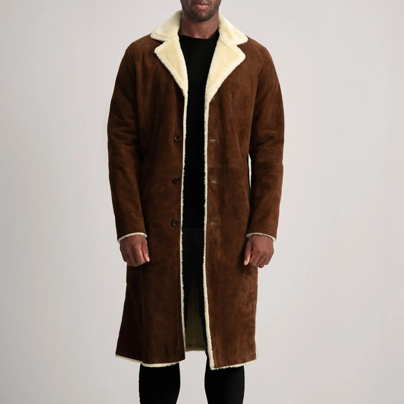 Kolby 브라운 Suede Shearling 가죽 코트 남성용
