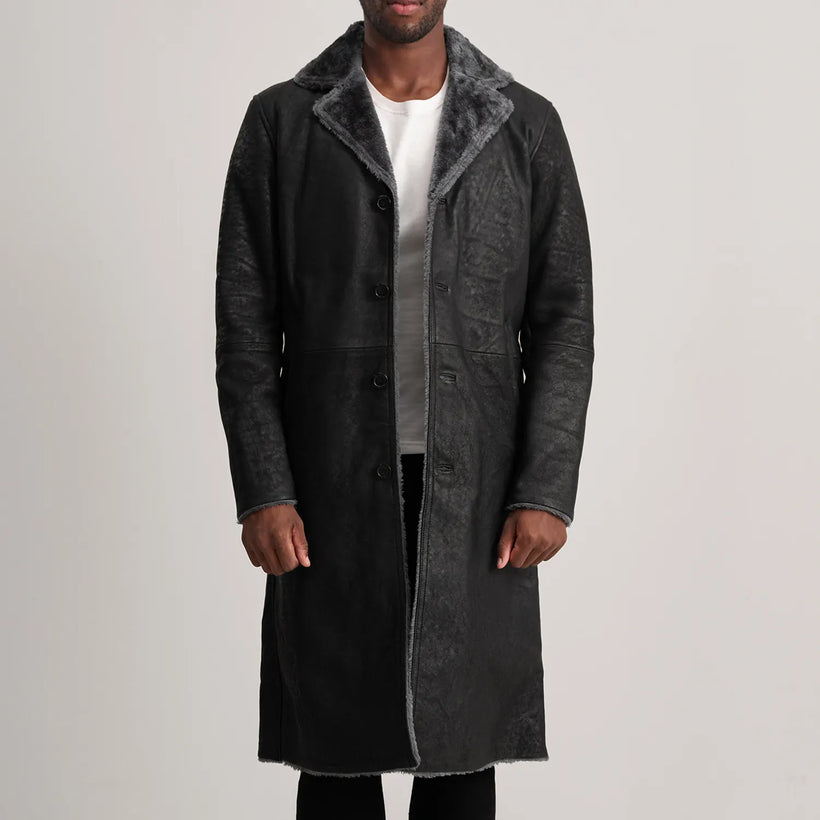 Kolby Distressed 블랙 Leather Shearling 가죽 코트 남성용