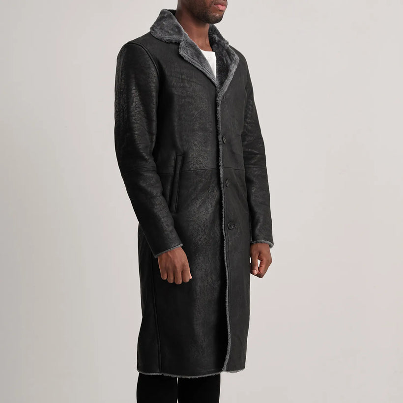 Kolby Distressed 블랙 Leather Shearling 가죽 코트 남성용