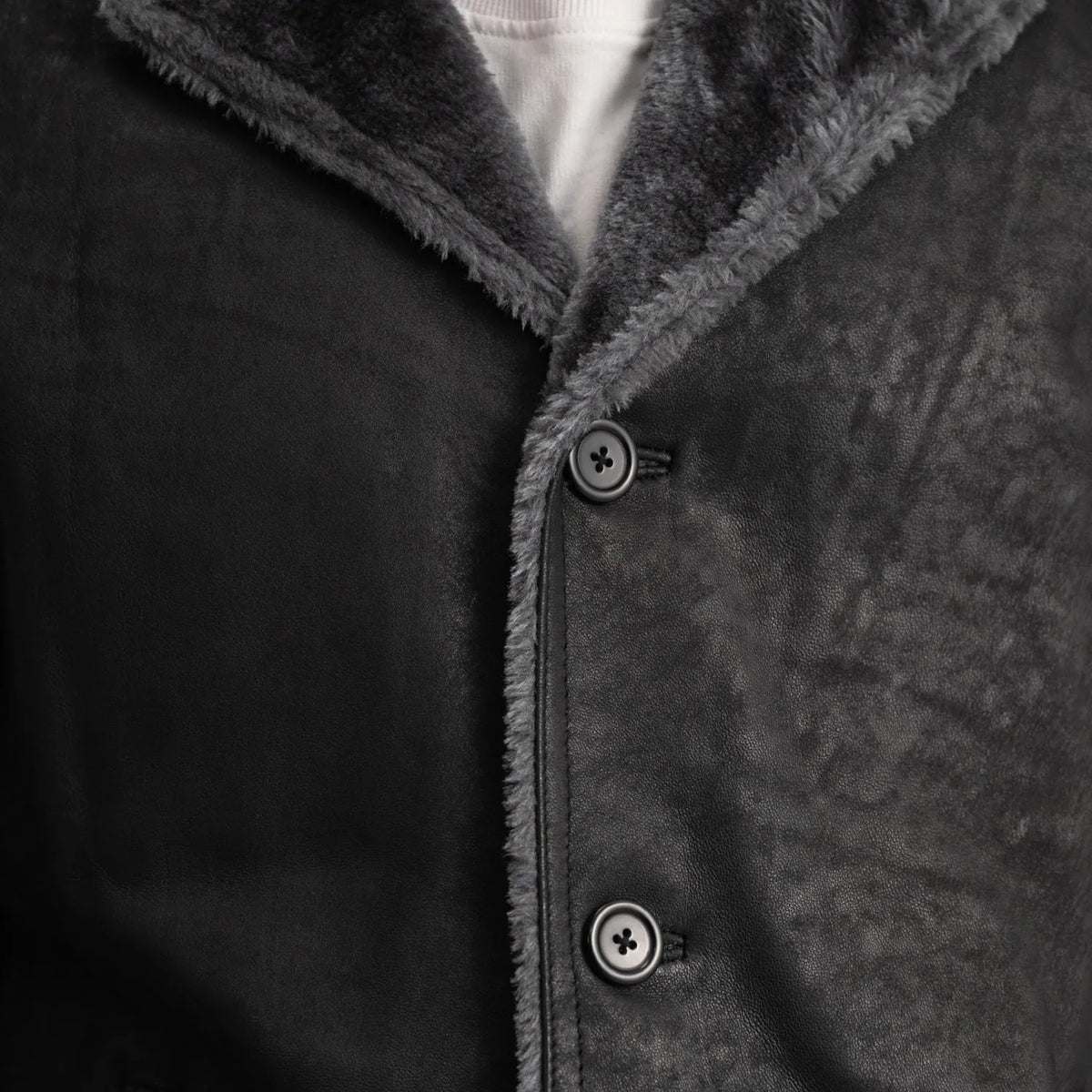 
클로즈업 상세 of Notch & Button Hardware on Kolby Distressed Black Shearling Long Coat
