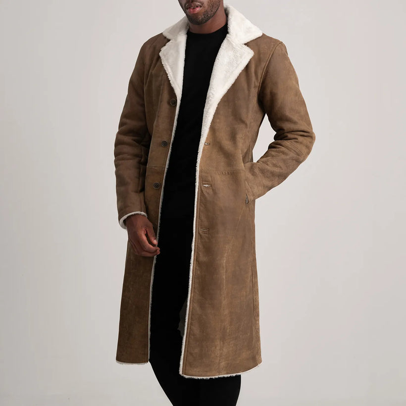 Kolby Distressed 브라운 Leather Shearling 가죽 코트 남성용