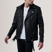 Kole 블랙 Leather Double Rider 가죽 자켓 남성용 For Men in Black Sheepskin Leather - Front Profile View &amp; Tailored Silhouette | Buy Online