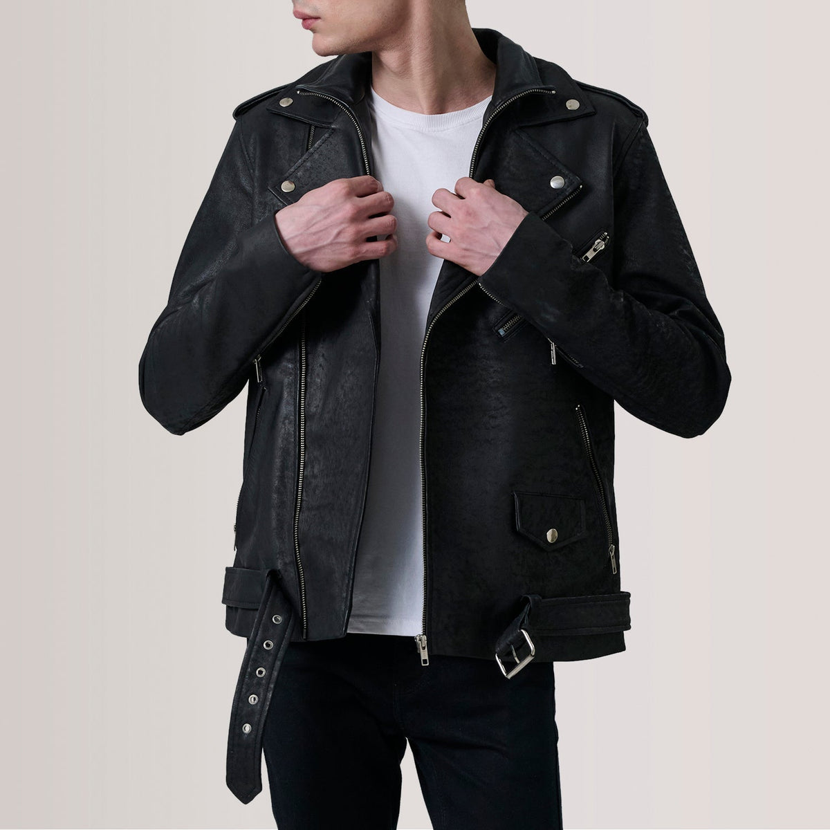 Kole Distressed 블랙 Leather Double Rider 가죽 자켓 남성용 in Distressed Black Sheepskin Snuffed - Front Profile View &amp; Tailored Silhouette | Buy Online