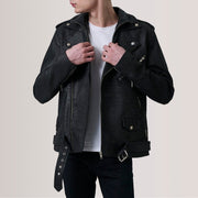 Kole Distressed 블랙 Leather Double Rider 가죽 자켓 남성용 in Distressed Black Sheepskin Snuffed - Front Profile View &amp; Tailored Silhouette | Buy Online
