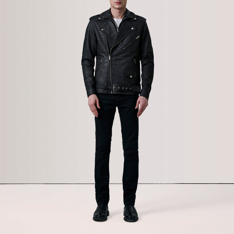 Kole Distressed 블랙 Leather Double Rider 가죽 자켓 남성용