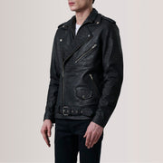 Kole Distressed 블랙 Leather Double Rider 가죽 자켓 남성용 - Lateral Side Profile View Showing Sleeve Cut &amp; Athletic Taper Fit