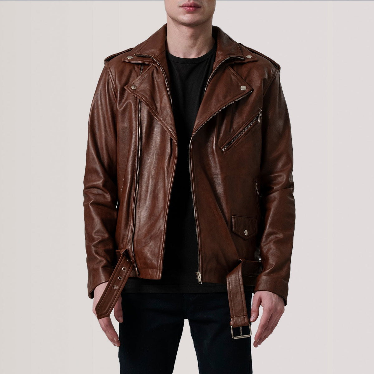 
Kole Waxed 브라운 Leather Double Rider 가죽 자켓 남성용 in Distressed Brown Sheepskin Burnished - 정면 스타일 및 테일러드 실루엣 | 공식 온라인 스토어 구매