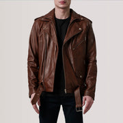 
Kole Waxed 브라운 Leather Double Rider 가죽 자켓 남성용 in Distressed Brown Sheepskin Burnished - 정면 스타일 및 테일러드 실루엣 | 공식 온라인 스토어 구매