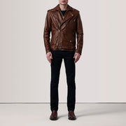 
Distressed Brown Sheepskin Burnished Biker Jacket - 어깨 라인과 깔끔한 밑단이 돋보이는 뒷면 뷰