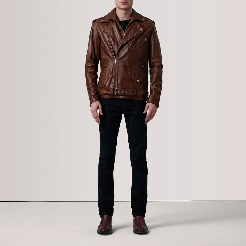 Kole Waxed 브라운 Leather Double Rider 가죽 자켓 남성용