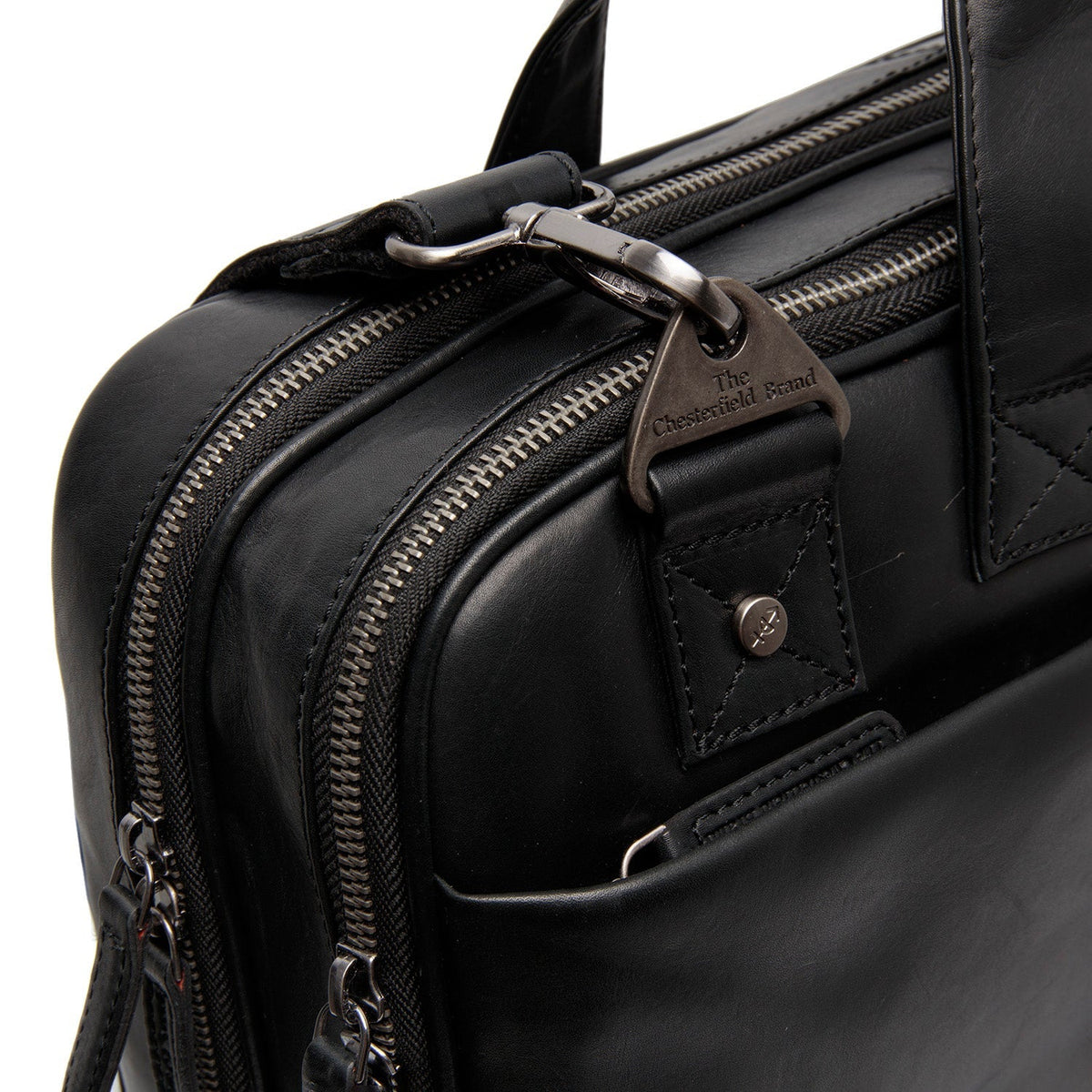 Solid Antique Brass Hardware &amp; Heavy-Duty Dual Zipper Detail on Iseo Full-Grain Leather Laptop Bag 남성용