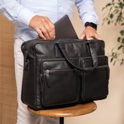Misha Full-Grain Leather Laptop Bag 여성용 - Structured Side Profile Showing Gusset Depth &amp; Expansion Capacity