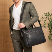 Solid Antique Brass Hardware &amp; Heavy-Duty Dual Zipper Detail on Tacama Full-Grain Leather Laptop Bag 여성용