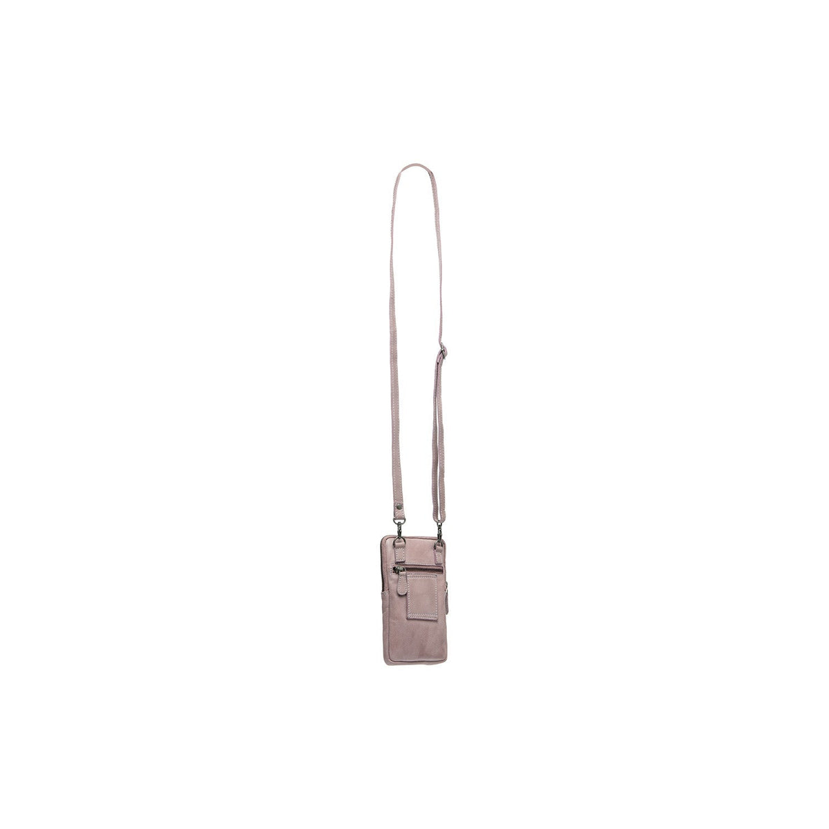 Styled Fit Perspective of Salta Full-Grain Leather Phone Bag 여성용 on Model - Natural Daylight Drape