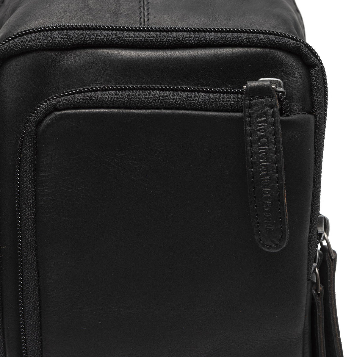 Solid Antique Brass Hardware &amp; Heavy-Duty Dual Zipper Detail on Leather Sling Bag Riga 여성용