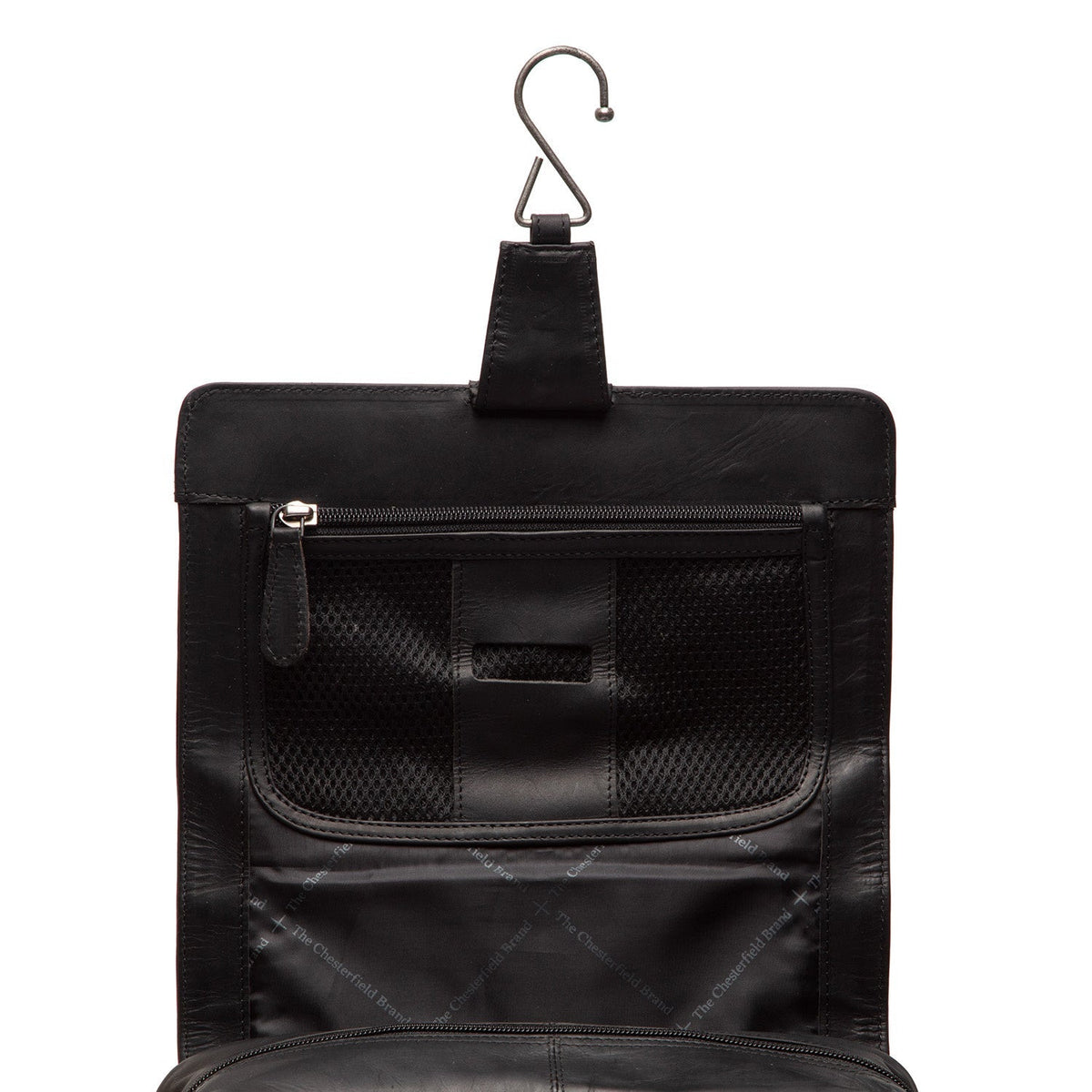 Close-Up Detail of Classic Collar &amp; Heavy-Duty Zipper Hardware on Rosario Full-Grain Leather Toiletry Bag 여성용
