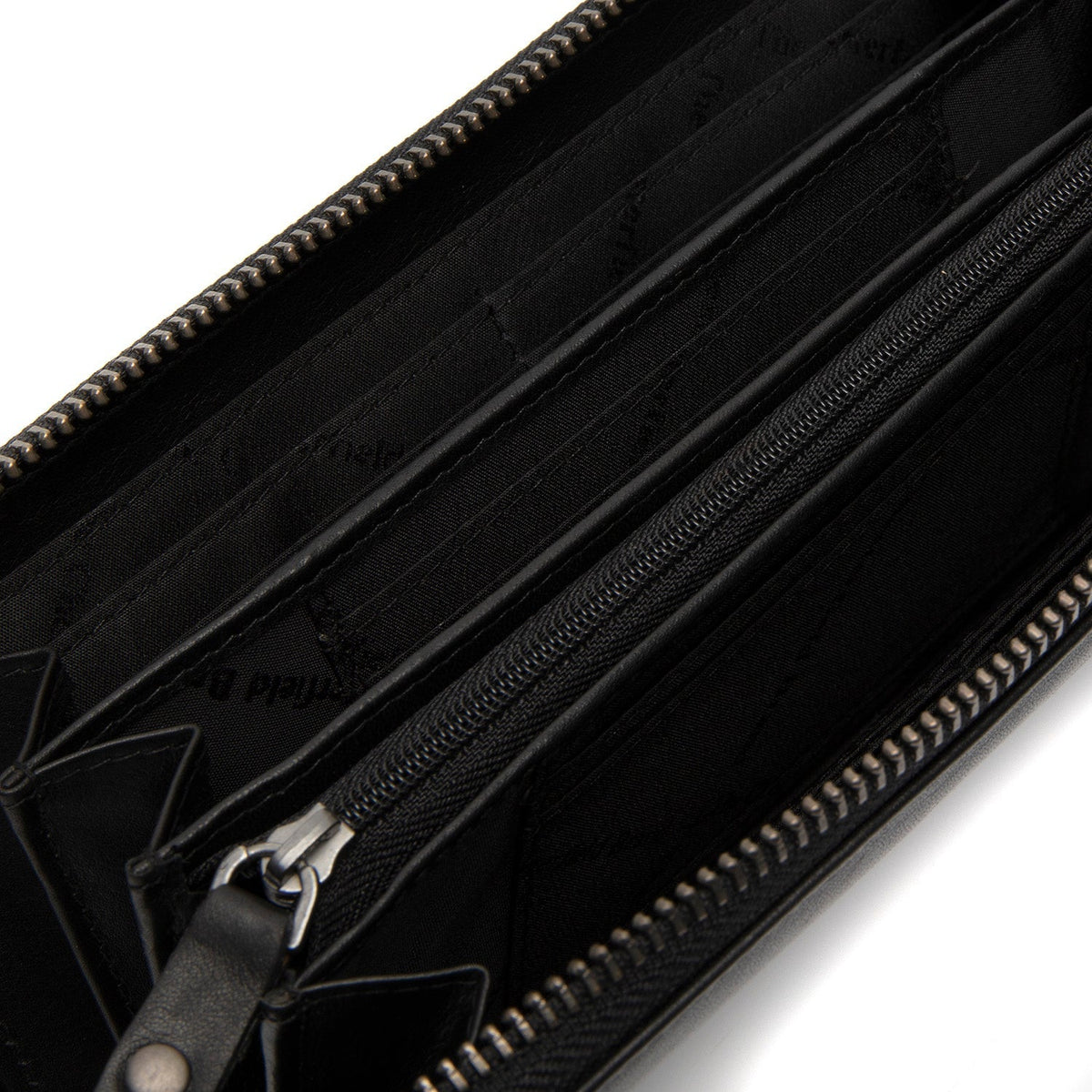 Solid Antique Brass Hardware &amp; Heavy-Duty Dual Zipper Detail on Cantara Full-Grain Leather Wallet 여성용