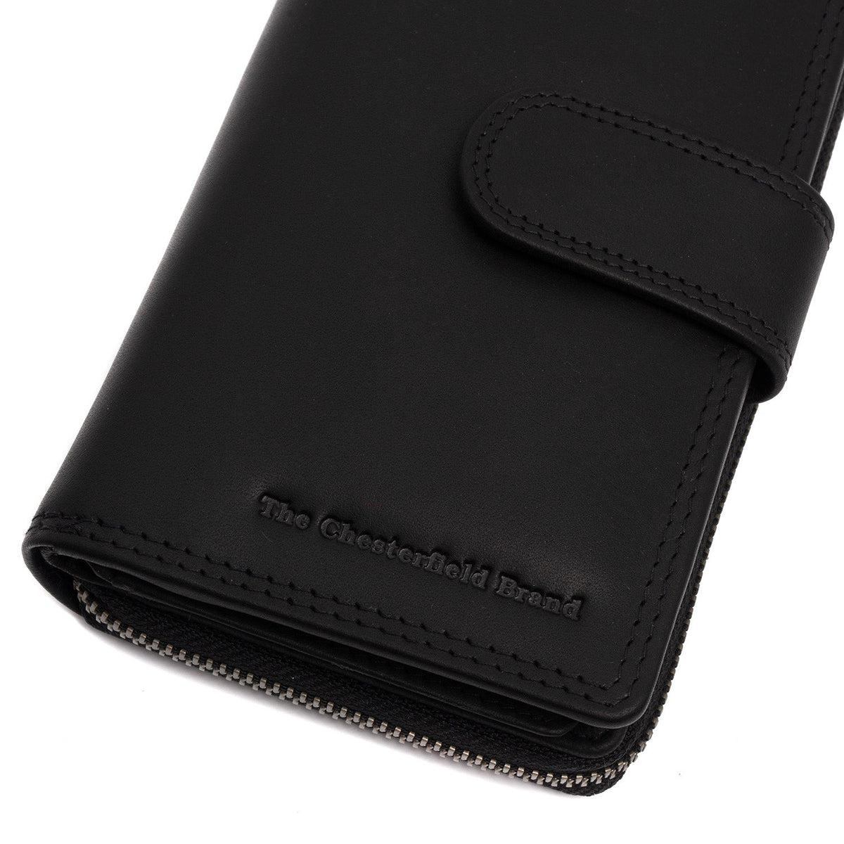Solid Antique Brass Hardware &amp; Heavy-Duty Dual Zipper Detail on Charlotte Full-Grain Leather Wallet 여성용