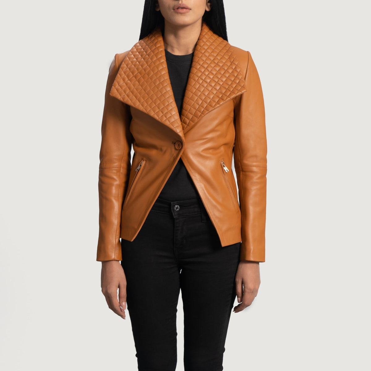 Women's Lee 탠 브라운 가죽 테일러드 블레이저 여성용 in Tan Brown Sheepskin Leather - Front Profile View &amp; Tailored Silhouette | Buy Online