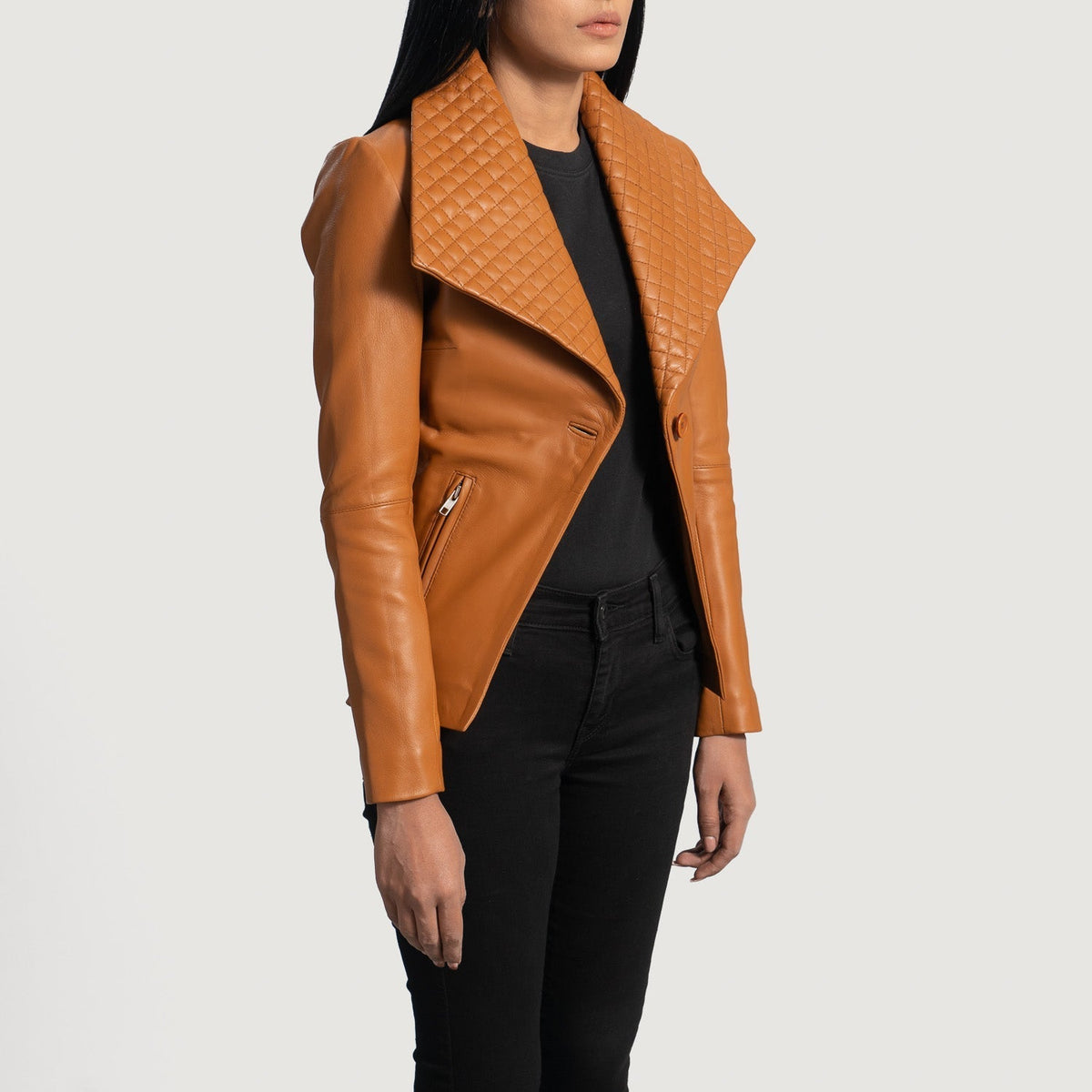 Tan Brown Sheepskin leather Blazer - Back View Showing Tailored Shoulder Fit &amp; Clean Hemline