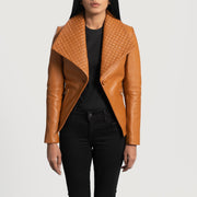 Women's Lee 탠 브라운 가죽 테일러드 블레이저 여성용 - Lateral Side Profile View Showing Sleeve Cut &amp; Athletic Taper Fit