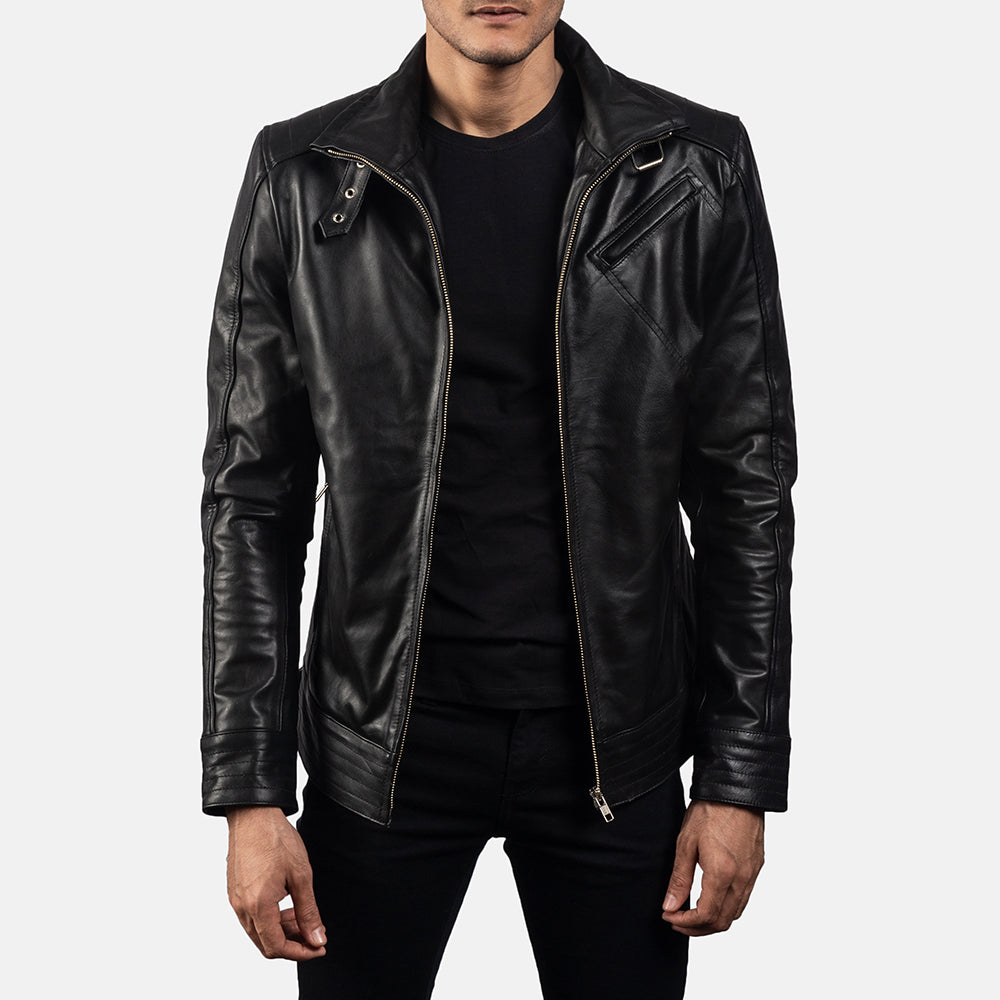 Men's Legacy 블랙 가죽 라이더 자켓 남성용 in Black Cowhide Leather - Front Profile View &amp; Tailored Silhouette | Buy Online
