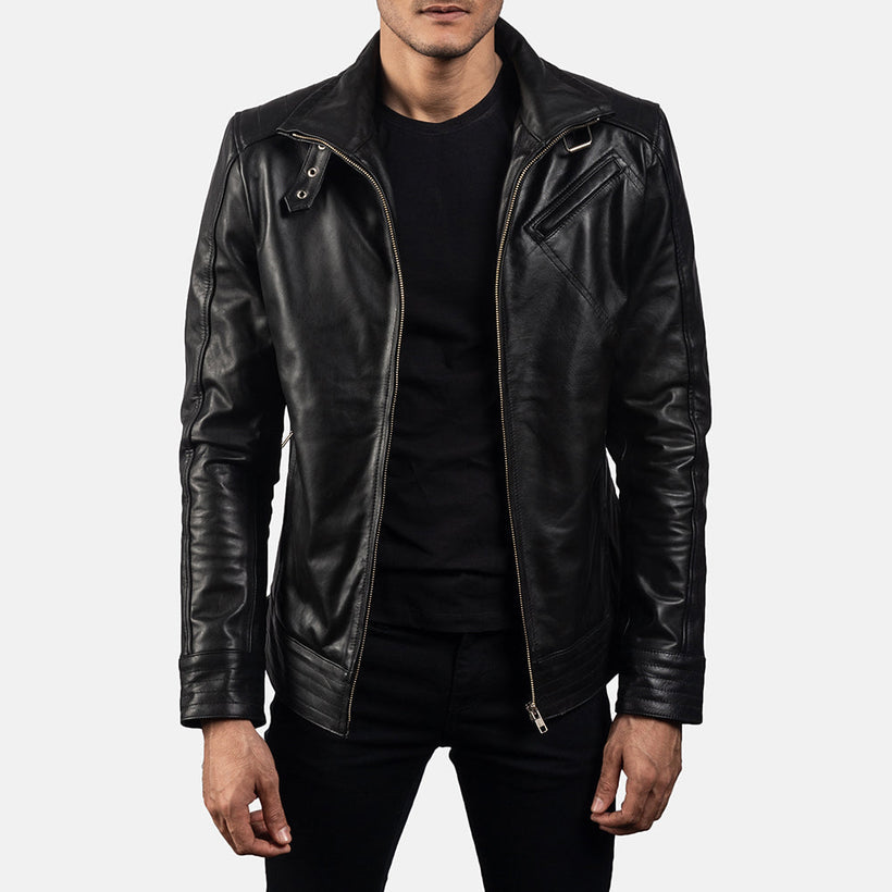 Men's Legacy Black Leather Biker Jacket in Black Cowhide Leather - Front Profile View & Tailored Silhouette | Buy Online