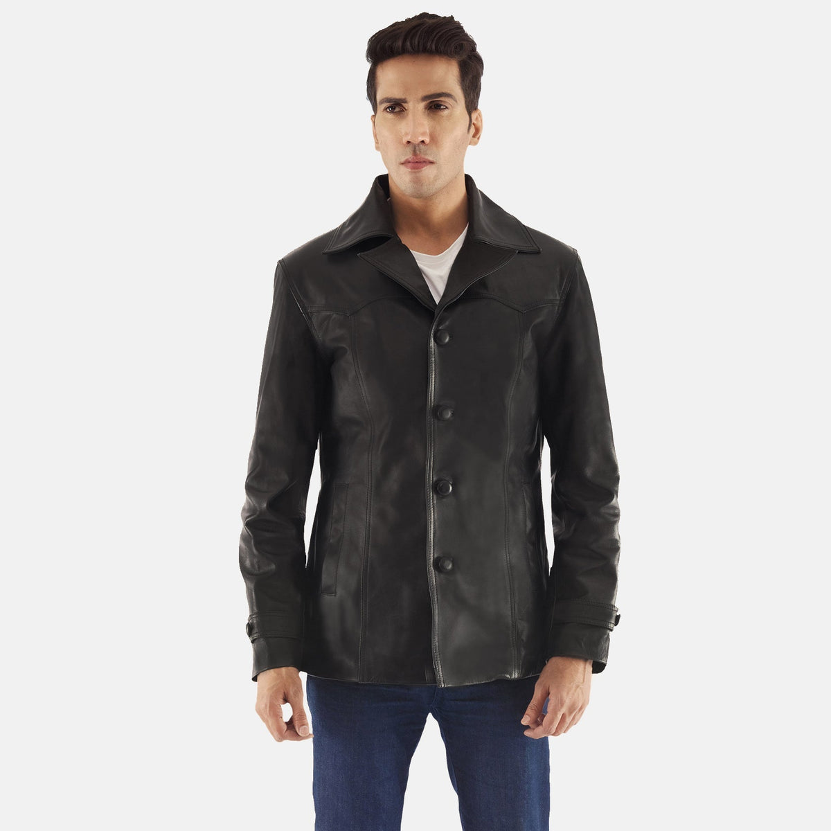 Leo 블랙 가죽 롱 코트 남성용 in Black Cowhide Leather - Front Profile View &amp; Tailored Silhouette | Buy Online
