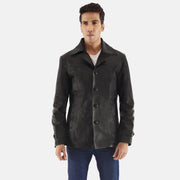 Leo 블랙 가죽 롱 코트 남성용 in Black Cowhide Leather - Front Profile View &amp; Tailored Silhouette | Buy Online