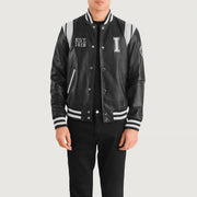 Liberte Illinois 블랙 Leather Varsity 가죽 자켓 남성용 in Black &amp; White Sheepskin Leather - Front Profile View &amp; Tailored Silhouette | Buy Online
