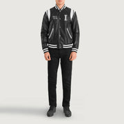 Liberte Illinois 블랙 Leather Varsity 가죽 자켓 남성용 - Lateral Side Profile View Showing Sleeve Cut &amp; Athletic Taper Fit