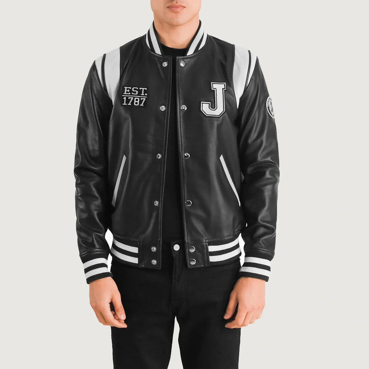 Liberte New Jersey 블랙 Leather Varsity 가죽 자켓 남성용 in Black &amp; White Sheepskin Leather - Front Profile View &amp; Tailored Silhouette | Buy Online