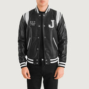 Liberte New Jersey 블랙 Leather Varsity 가죽 자켓 남성용 in Black &amp; White Sheepskin Leather - Front Profile View &amp; Tailored Silhouette | Buy Online