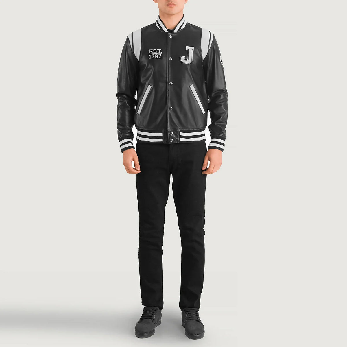 Liberte New Jersey 블랙 Leather Varsity 가죽 자켓 남성용 - Lateral Side Profile View Showing Sleeve Cut &amp; Athletic Taper Fit